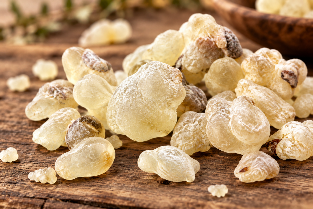 White Hojari Frankincense Resin on Rustic Wood